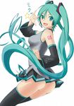 :d \m/ aqua_eyes aqua_hair ass bad_id bad_pixiv_id black_legwear blush breasts detached_sleeves hatsune_miku highres long_hair looking_at_viewer medium_breasts miu_(angelo_whitechoc) no_panties open_mouth pleated_skirt simple_background skirt smile solo star tattoo thighhighs twintails very_long_hair vocaloid 