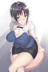  asa_(xametaler) black_hair black_skirt blush crossed_legs curvy from_above miniskirt pencil_skirt shirafuji_kyouko short_hair sitting skirt solo stool thighs working!! 