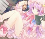  bad_id bad_pixiv_id book bow crescent dress frills hair_bow hat izumiyuhina lantern long_hair patchouli_knowledge purple_eyes purple_hair shoes sitting solo thighs touhou 