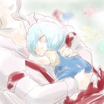  blue_hair blush carrying closed_eyes fujiwara_no_mokou kamishirasawa_keine komaku_juushoku lowres multiple_girls no_hat no_headwear shirt_grab short_hair silver_hair sleeping touhou younger 