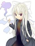  ban_(bannyata) bow cigarette coat hair_bow hand_in_pocket long_hair looking_at_viewer melty_blood naked_coat pointy_ears red_eyes simple_background smoke smoking solo tsukihime white_hair white_len 