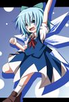  blue_hair bow cirno do_(4-rt) dress fang hair_bow open_mouth short_hair smile solo standing standing_on_one_leg touhou wings 