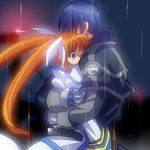  1girl blue_hair brown_hair chrono_harlaown gauntlets hiraki_naori_(boujaku_bujin) hug long_hair lyrical_nanoha magical_boy magical_girl mahou_shoujo_lyrical_nanoha_strikers one_eye_closed purple_eyes rain ribbon takamachi_nanoha twintails 