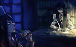  1girl alucard_(hellsing) bad_id bad_pixiv_id blood book bookshelf desk drinking duthcjs fur_hat genderswap genderswap_(mtf) girlycard gloves hat hellsing hellsing:_the_dawn monocle necktie ponytail red_eyes vest walter_c_dornez writing 