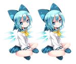  alternate_costume bad_id bad_pixiv_id blue_eyes blue_hair bow cirno grin hair_bow indian_style kiira panties school_uniform short_hair sitting smile smirk touhou underwear v_arms wings 