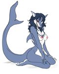  audria blue_hair ear_piercing earring female fish hair kneeling marine mingchee necklace nipples nude piercing pinup plain_background pose red_eyes shark sharp_teeth simple_background solo sulferdragon teeth xcassix 