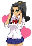  :3 bespectacled black_hair blush bow bowtie curly_hair dress_shirt fuurin_kingyou glasses green_eyes high_ponytail highres long_hair pleated_skirt ponytail sakura_taisen sakura_taisen_ii shirt skirt soletta_orihime 