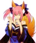  animal_ears bad_id bad_pixiv_id bare_shoulders bow breasts brown_eyes cleavage detached_sleeves dress fate/extra fate_(series) fox_ears fox_shadow_puppet fox_tail gold_trim hair_bow hair_ribbon hands heart izru japanese_clothes medium_breasts one_eye_closed pink_hair ribbon short_hair short_twintails sidelocks smile tail tamamo_(fate)_(all) tamamo_no_mae_(fate) translated twintails 