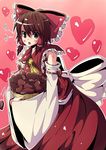  bare_shoulders basket blush brown_eyes brown_hair chocolate chocolate_heart detached_sleeves dollar_sign gamuo hair_ribbon hair_tubes hakurei_reimu heart ribbon solo touhou 