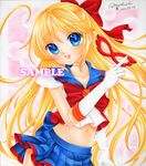  2011 :d aino_minako back_bow bishoujo_senshi_sailor_moon black_skirt blonde_hair blue_eyes blue_sailor_collar bow choker crescent_moon crop_top crop_top_overhang dated elbow_gloves facial_mark forehead_mark gloves hair_bow half_updo long_hair magical_girl marker_(medium) mask midriff miniskirt mocomoco_party moon navel open_mouth pastel_(medium) pleated_skirt red_bow sailor_collar sailor_senshi_uniform sailor_v sample short_sleeves shoulder_pads signature skirt smile solo striped striped_skirt traditional_media white_gloves 