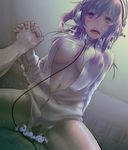  1girl bad_id bad_pixiv_id blush breasts cum cum_in_pussy headphones hetero holding_hands long_hair medium_breasts nitroplus open_clothes open_mouth open_shirt orgasm pov purple_eyes purple_hair robo8 sex shirt solo_focus super_sonico sweat tears vaginal 