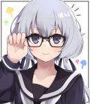  :&gt; black-framed_eyewear blue_eyes blush collarbone commentary face glasses hand_on_eyewear highres konno_junko looking_at_viewer low_twintails sailor_collar school_uniform serafuku sikutogurei_(kunugi_miyaco) silver_hair smile solo twintails white_neckwear zombie_land_saga 