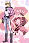  barnaby_brooks_jr boots celestial_being_uniform cosplay glasses gloves green_eyes gundam gundam_00 jacket male_focus parody solo takuhi_flagro tieria_erde tieria_erde_(cosplay) tiger_&amp;_bunny 