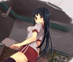  ass ball black_hair blush brown_eyes buruma cherudo copyright_request gym_storeroom hands indoors long_hair soccer_ball solo telstar thighhighs vaulting_horse 