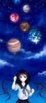  ahoge balloon black_eyes black_hair braid cloud earth floating_hair highres jupiter long_hair mars moon navel neptune_(planet) original planet school_uniform serafuku sky solo star taira_shinki tears twin_braids 