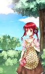  apron bag bow bracelet brown_dress brown_eyes bush choker cloud day dress flower hair_flower hair_ornament handbag jewelry leaf necklace original outdoors polka_dot polka_dot_bow print_apron red_bow red_hair senri_(nazerine) short_hair sky solo tree twintails 