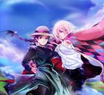  1girl athenacg black_hair blonde_hair braid earrings hat holding howl_(howl_no_ugoku_shiro) howl_no_ugoku_shiro jacket_on_shoulders jewelry pendant single_braid sophie_(howl_no_ugoku_shiro) 