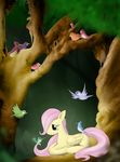 birds blue_eyes cub cute equine female fluttershy_(mlp) friendship_is_magic grass horse my_little_pony pegasus pink_hair pony tree wings wood young 