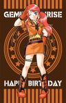  blue_eyes boots cowboy_boots fringe_trim gemini_sunrise gloves happy_birthday long_hair lucentia miniskirt one_eye_closed orange_skirt pencil_skirt ponytail red_hair sakura_taisen sakura_taisen_v salute skirt smile 