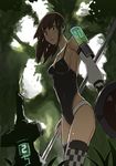  bare_shoulders breasts brown_hair checkered checkered_legwear cleavage detached_sleeves forest from_below glowing grass leotard lowres medium_breasts nature okuto original parted_lips polearm shield solo thighhighs thong_leotard weapon wide-eyed 