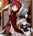  armpits bare_shoulders black_legwear blue_eyes blue_hair bow cape charlotte_(madoka_magica) gisela_(madoka_magica) hair_bow long_hair magical_girl mahou_shoujo_madoka_magica miki_sayaka multiple_girls ponytail red_eyes red_hair rikku04 sakura_kyouko short_hair thighhighs 