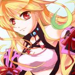  ahoge bad_id bad_pixiv_id blonde_hair choker gradient_hair green_hair long_hair lowres milla_maxwell multicolored_hair red_eyes shirt smile solo strapless suzuka_(once) tales_of_(series) tales_of_xillia taut_clothes taut_shirt tubetop 