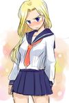  blonde_hair blush earrings face fuurin_kingyou glycine_bleumer jewelry long_hair necktie pleated_skirt purple_eyes sakura_taisen sakura_taisen_iii school_uniform serafuku sketch skirt 