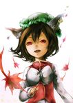  animal_ears bad_id bad_pixiv_id bow bowtie brown_hair cat_ears chen earrings face hair_between_eyes jewelry kamukura leaf maple_leaf open_mouth red_eyes shirt simple_background sleeveless sleeveless_shirt slit_pupils solo straight_hair teeth tongue touhou upper_body white_background 
