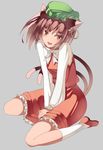  animal_ears bow bowtie brown_eyes brown_hair cat_ears cat_tail chen earrings fang grey_background hat jewelry kureha_(ironika) looking_at_viewer multiple_tails open_mouth simple_background sitting smile solo tail touhou v_arms wariza 