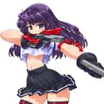  black_legwear black_skirt dd_(ijigendd) dual_wielding gangsta_hold gloves gun handgun holding long_hair miniskirt original pistol pleated_skirt purple_eyes purple_hair sketch skirt solo striped striped_skirt thighhighs weapon 