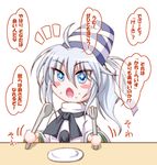  /\/\/\ 1girl ahoge blue_eyes blush blush_stickers food food_on_face fork grey_hair hat inasaki_shirau japanese_clothes mononobe_no_futo open_mouth plate ponytail silver_hair simple_background solo spoon star star-shaped_pupils symbol-shaped_pupils touhou translated tsurime 