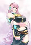  black_skirt blue_eyes breasts ekoda_(piapro) large_breasts long_hair long_skirt megurine_luka navel pink_hair side_slit skirt solo tears thighhighs very_long_hair vocaloid 