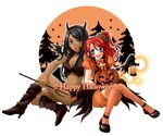  bat_wings black_hair blue_eyes blush boots breasts cleavage dark_skin gemini_sunrise grey_eyes halloween happy_halloween horns jack-o'-lantern lantern lips lipstick long_hair makeup medium_breasts megu_(pixiv) midriff multiple_girls open_mouth orange_legwear pitchfork pumpkin red_hair sagitta_weinberg sakura_taisen sakura_taisen_v side_ponytail smile thighhighs wings 