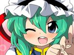  :d bad_id bad_pixiv_id blue_eyes blush close-up eromame face green_hair hand_gesture hands hat one_eye_closed open_mouth penetration_gesture shiki_eiki smile solo touhou upper_body 