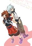  blue_eyes boots brown_hair fang fingerless_gloves gloves jewelry kingdom_hearts male_focus meka_(totto18) multiple_boys necklace riku silver_hair sora_(kingdom_hearts) spoilers wristband 