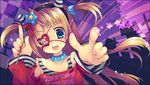  bad_id bad_pixiv_id blue_eyes brown_hair choker english eyepatch hair_ornament hairband hairclip long_hair nail_polish original pointing print_eyepatch print_shirt red_nails red_shirt sana.c shirt skull skull_and_crossbones smile solo star striped striped_shirt twintails wand 