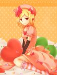  blonde_hair bow bowtie candy elbow_gloves food fuji_meno gloves hat heart lambdadelta pink_hat polka_dot red_eyes ribbon smile solo striped striped_legwear umineko_no_naku_koro_ni 