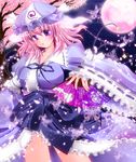  bug butterfly cherry_blossoms fan folding_fan fule full_moon hat hexagon highres insect moon petals pink_hair pink_moon purple_eyes saigyouji_yuyuko saigyouji_yuyuko's_fan_design shippou_(pattern) solo sparkle touhou 