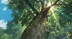  highres karigurashi_no_arrietty light_rays no_humans official_art perspective scenery sun sunbeam sunlight traditional_media tree 