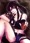  :q alcohol bare_legs bare_shoulders belt black_lagoon brown_eyes brown_hair collarbone cutoffs denim denim_shorts fingerless_gloves foreshortening gloves highres long_hair looking_at_viewer midriff moriririnn navel outstretched_arm ponytail revy_(black_lagoon) shorts sidelocks sitting solo tank_top tattoo tongue tongue_out unbuttoned whiskey 