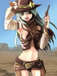  bad_id bad_pixiv_id belt cowboy_hat cowboy_shot fringe_trim green_eyes green_hair gun hat midriff navel no_pants original scarf solo weapon western yui_tooru 