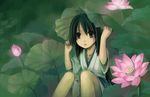  bad_deviantart_id bad_id black_eyes black_hair flower green japanese_clothes leaf leaf_umbrella long_hair lotus mou-s nature original rain short_sleeves sitting solo water_drop 