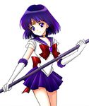  back_bow bishoujo_senshi_sailor_moon blue_eyes bow choker earrings elbow_gloves gloves hamutarou holding holding_staff jewelry magical_girl miniskirt pleated_skirt polearm purple_hair purple_sailor_collar purple_skirt red_bow sailor_collar sailor_saturn sailor_senshi_uniform short_hair silence_glaive skirt solo staff star star_choker super_sailor_saturn tiara tomoe_hotaru weapon white_background white_gloves 