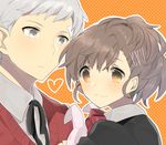  1girl bad_id bad_pixiv_id bandaid bow brown_eyes brown_hair closed_mouth couple face female_protagonist_(persona_3) grey_eyes grey_hair hair_ornament hetero mota_(extpil) persona persona_3 persona_3_portable ribbon sanada_akihiko school_uniform smile 