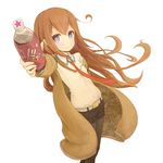  awakumo belt blush bottle brown_hair dr_pepper foreshortening jacket legwear_under_shorts long_hair looking_at_viewer makise_kurisu necktie pantyhose purple_eyes red_neckwear shorts simple_background soda solo steins;gate white_background 