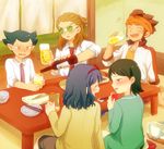  3boys bad_id bad_pixiv_id blue_hair blush brown_hair chopsticks closed_eyes drinking drunk endou_mamoru food glasses green_hair hairlocs headband inazuma_eleven_(series) inazuma_eleven_go kidou_yuuto kino_aki kogure_yuuya multiple_boys multiple_girls necktie older open_mouth otonashi_haruna purin_(pinkcotton) short_hair sitting smile 