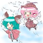  ahoge animal_ears blush brown_dress chibi dress earrings fang flapping flying green_hair hat jewelry kasodani_kyouko multiple_girls music musical_note mystia_lorelei open_mouth pink_dress red_star_(toranecomet) shirt short_hair singing smile touhou wing_ears wings 