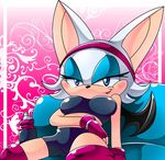  blue_eyes breasts clothing female form_fitting gloves hair half-closed_eyes headband impossible_shirt mammal nancher rouge_the_bat sega shorts sitting solo sonic_(series) unknown_artist water_bottle white_hair whtie wings 