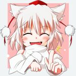  ^_^ animal_ears blush closed_eyes detached_sleeves face fang hat index_finger_raised inubashiri_momiji open_mouth silver_hair smile solo syachi tokin_hat touhou upper_body white_hair wolf_ears 