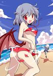  ass bad_id bad_pixiv_id beach bikini blue_hair blush breasts dual_wielding givuchoko highres holding izayoi_sakuya knife looking_back maid multiple_girls open_mouth red_eyes remilia_scarlet small_breasts swimsuit torn_clothes torn_swimsuit touhou wardrobe_malfunction wings 